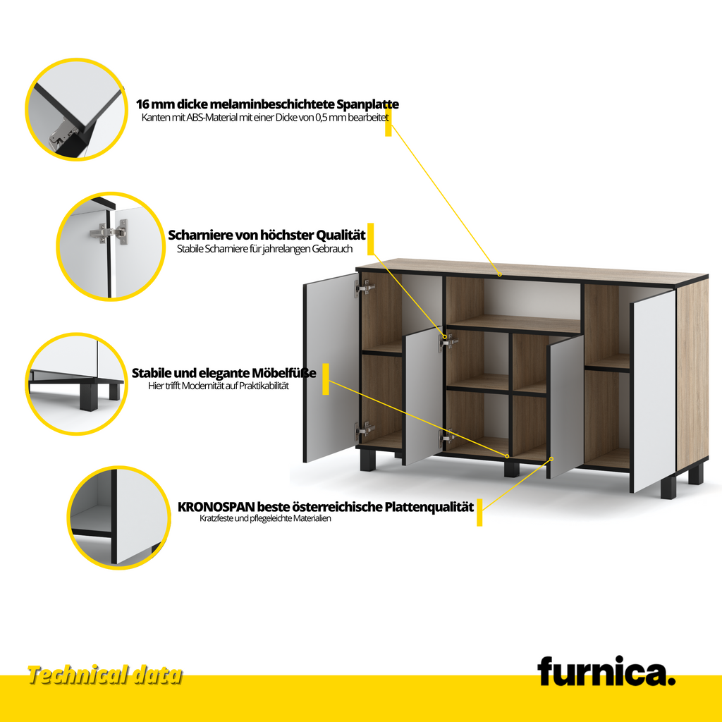 CALVIN – TV-Schrank mit 4 Türen – Wohnzimmer Sideboard - Sonoma Eiche / Weiß Matt H80cm B140cm T35cm