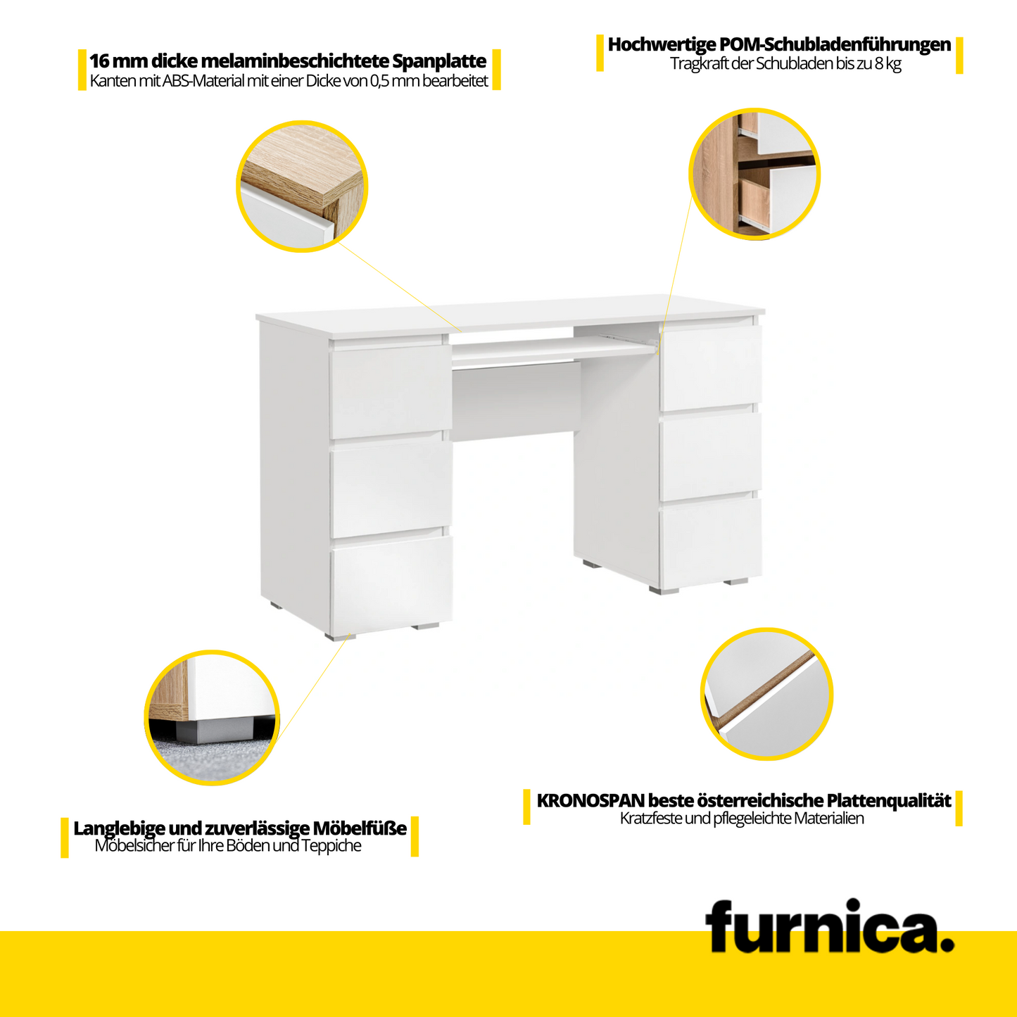 CUBA - Schreibtisch mit 6 Push to Open Schubladen und Tastaturablage H78cm B130cm T50cm - Weiß Matt