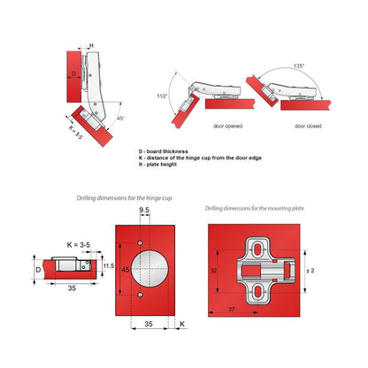 +45º Soft-Close Topfband, H2 Montageplatte mit EURO Schrauben für Eckschränke Gedämpft Furnica 