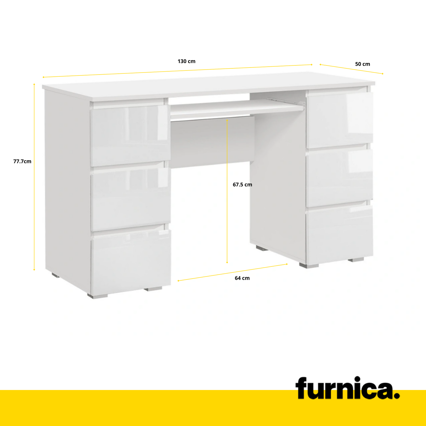 CUBA - Schreibtisch mit 6 Push to Open Schubladen und Tastaturablage H78cm B130cm T50cm - Weiß Gloss