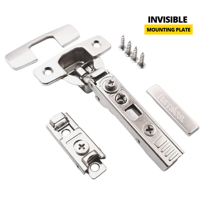4D 110° Soft-Close Scharnier, H0 Unsichtbare Montageplatte mit EURO-Schrauben und Abdeckungen, aufliegende Türen