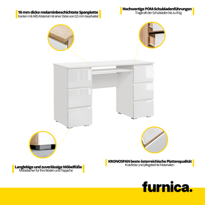 CUBA - Schreibtisch mit 6 Push to Open Schubladen und Tastaturablage H78cm B130cm T50cm - Weiß Gloss