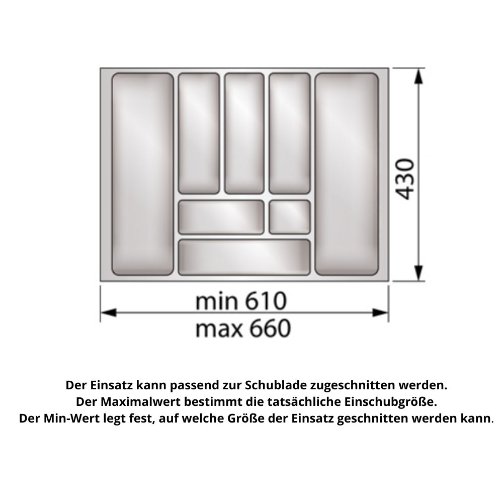 Besteckeinsatz für Schublade, Korpusbreite: 700mm, Tiefe: 430mm - Metallic