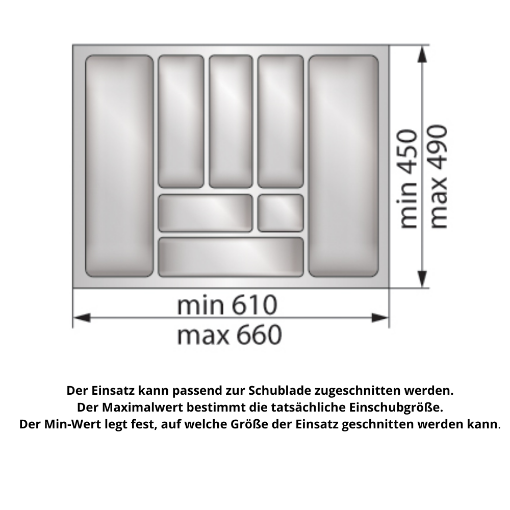 Besteckeinsatz für Schublade, Korpusbreite: 700mm, Tiefe: 490mm - Metallic