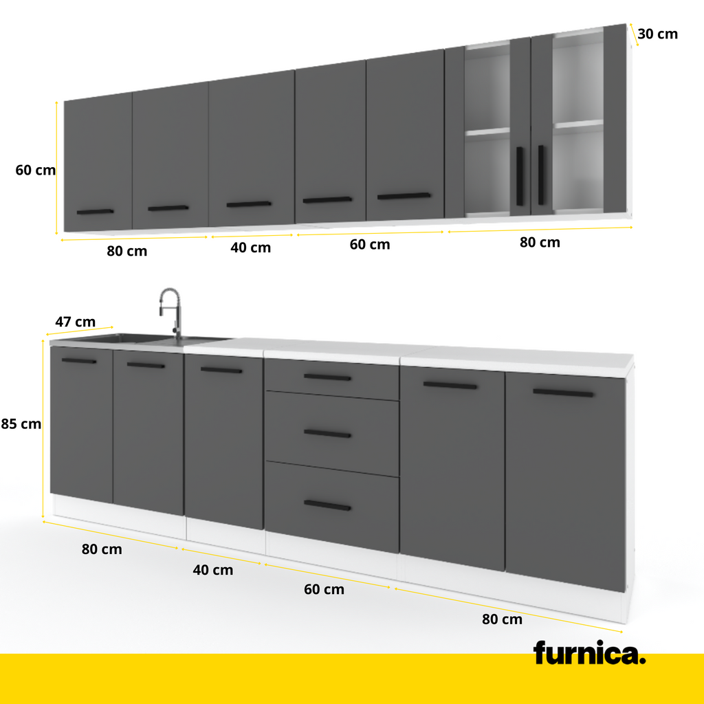 RENO - Küchenblock - Weiß Matt mit Arbeitsplatte - 8 Schränke - 260 cm