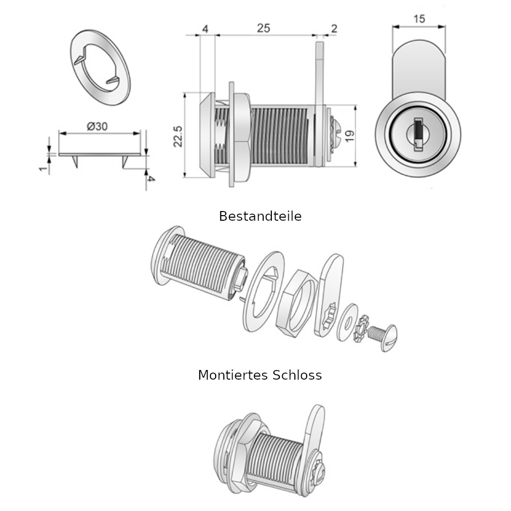 Briefkastenschloss mit Schlüssel 19x25mm, Chrom