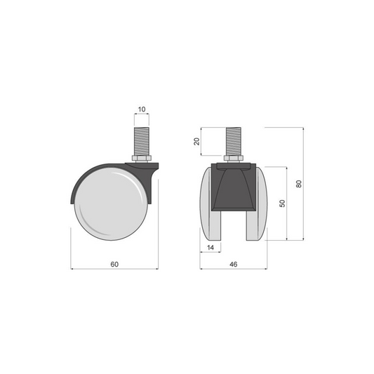 Möbelschwenkrad aus Kunststoff mit Gewinde 10mm - Ø60mm