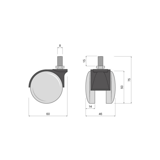Möbelschwenkrad aus Kunststoff mit Gewinde 8mm - Ø60mm