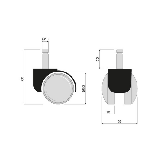 Möbelschwenkrad aus Kunststoff mit Befestigungsstift 10mm - Ø50mm