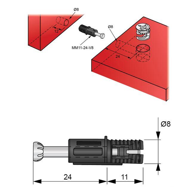 Einschraubdübel zum erweitern L24mm, Ø8mm (1 Stk.)