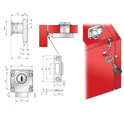 Möbelschloss 19x22mm, Chrom