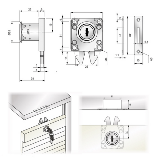 Quadratisches Möbelschloss mit Schlüssel 19x22mm, Chrom