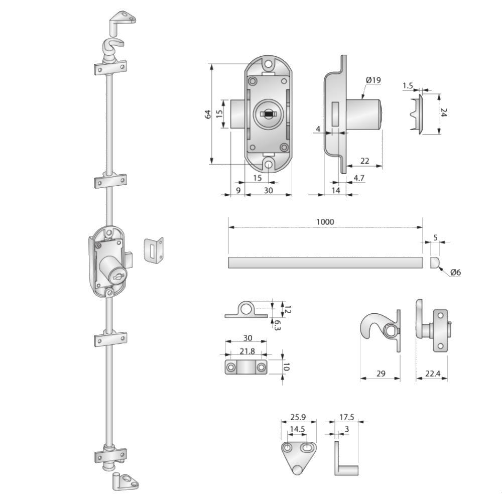 Schubstangenschloss 19x22mm, 2 Stäbe L-1000mm, Nickel