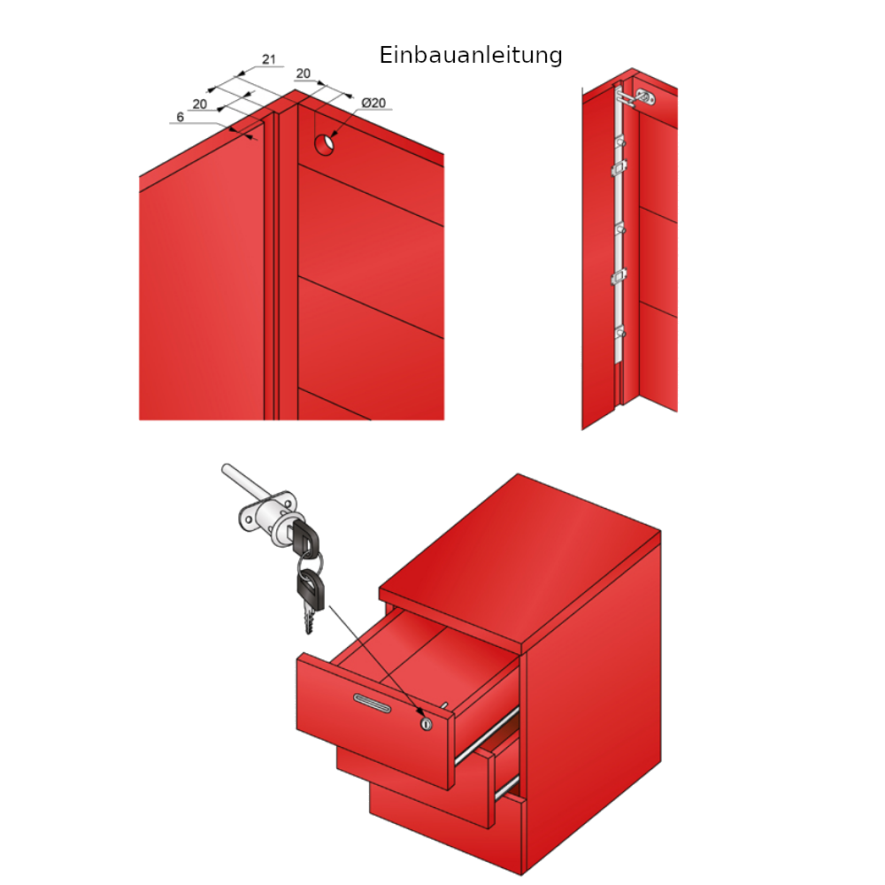 Schubstangenschloss für 3 Schubladen 19x20mm, 600mm Leiste, Chrom