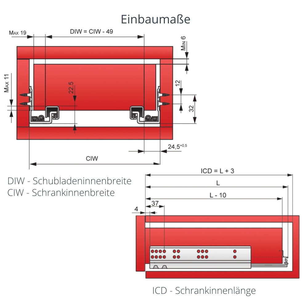 Soft-Close Unterflurführungen Schubladenschienen, 3/4 Auszug 550mm