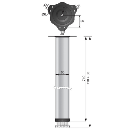 Tischbein 71 cm hoch - Stahl Montageplatte - Aluminium