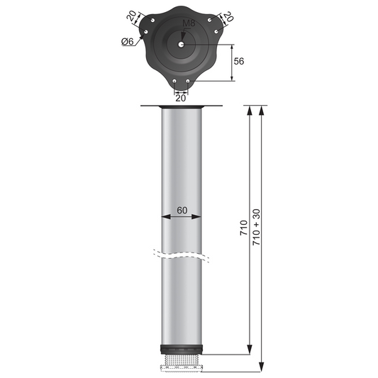 Tischbein 71 cm hoch - Stahl Montageplatte - Aluminium