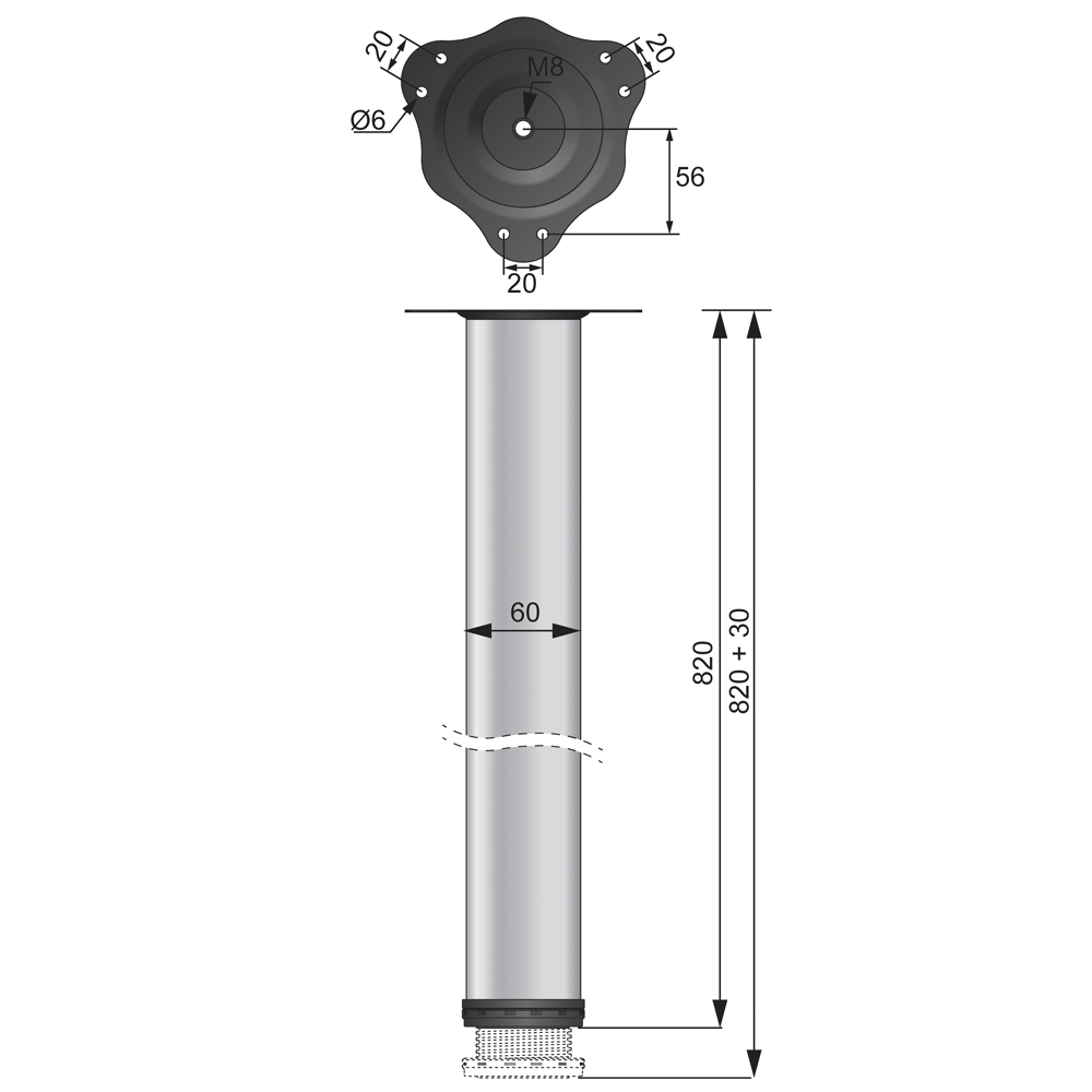 Tischbein 82 cm hoch - Stahl Montageplatte - Aluminium