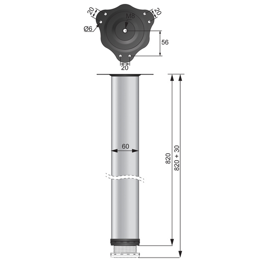 Tischbein 82 cm hoch - Stahl Montageplatte - Aluminium