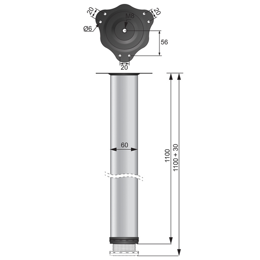 Tischbein 110 cm hoch - Stahl montageplatte - Aluminium