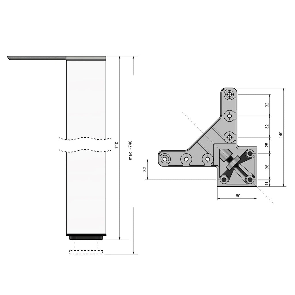 Quadratisches Tischbein 710mm, Gebürstetes Nickel, ZnAl Montageplatte