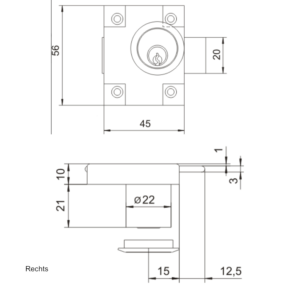 Möbelschloss Links/Rechts 22x21mm
