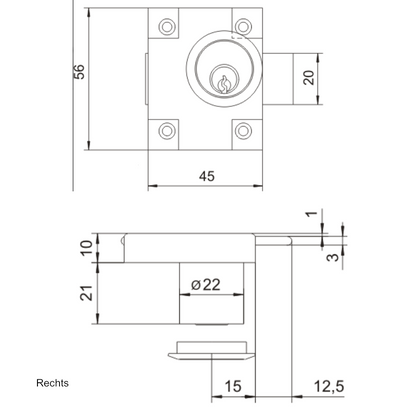 Möbelschloss Links/Rechts 22x21mm