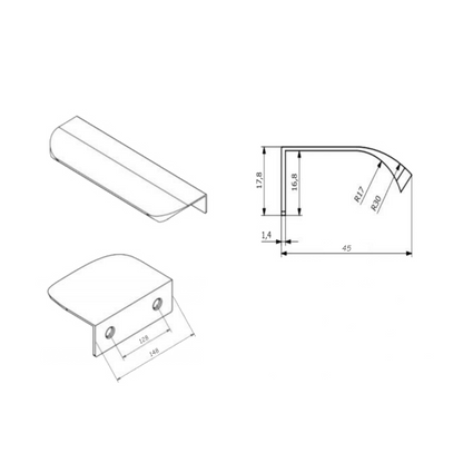 Griffleiste Kantengriff Rund 128mm (148mm Gesamtlänge) - Schwarz Matt