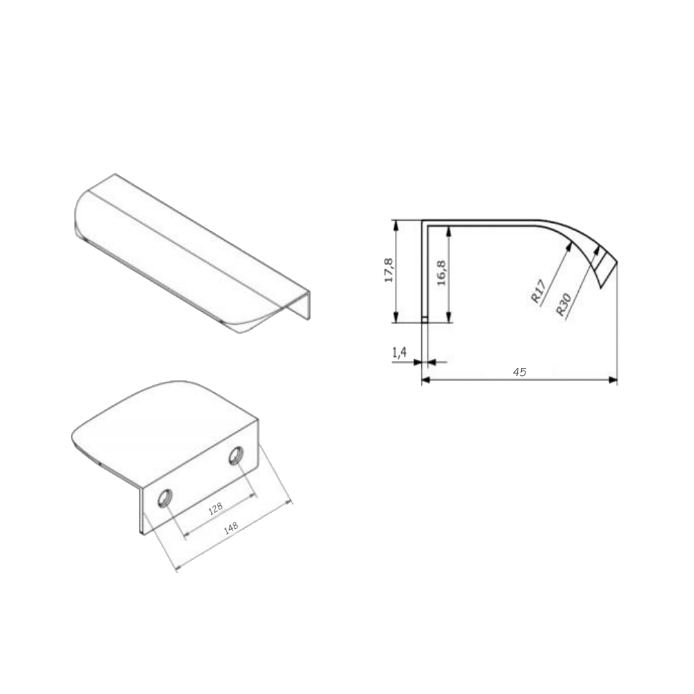 Griffleiste Kantengriff Rund 128mm (148mm Gesamtlänge) - Weiß