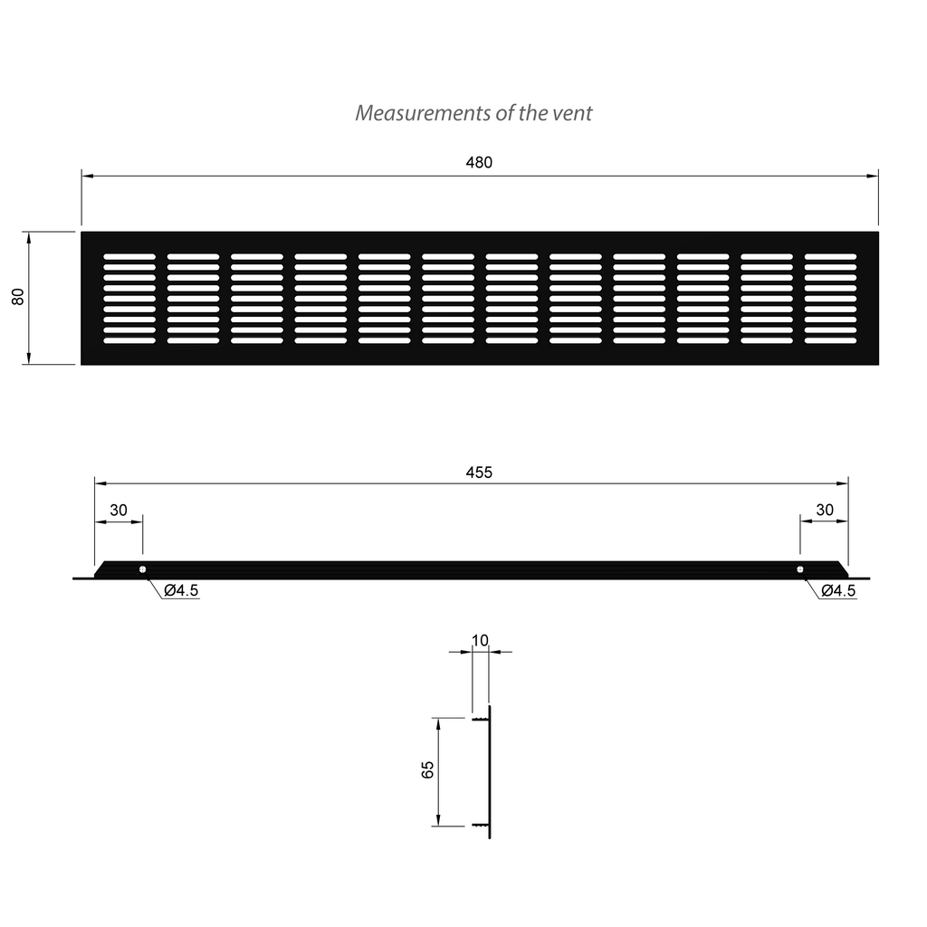 Aluminium-Lüftungsgitter für Küchenarbeitsplatten / Sockel, 480x80mm Schwarz