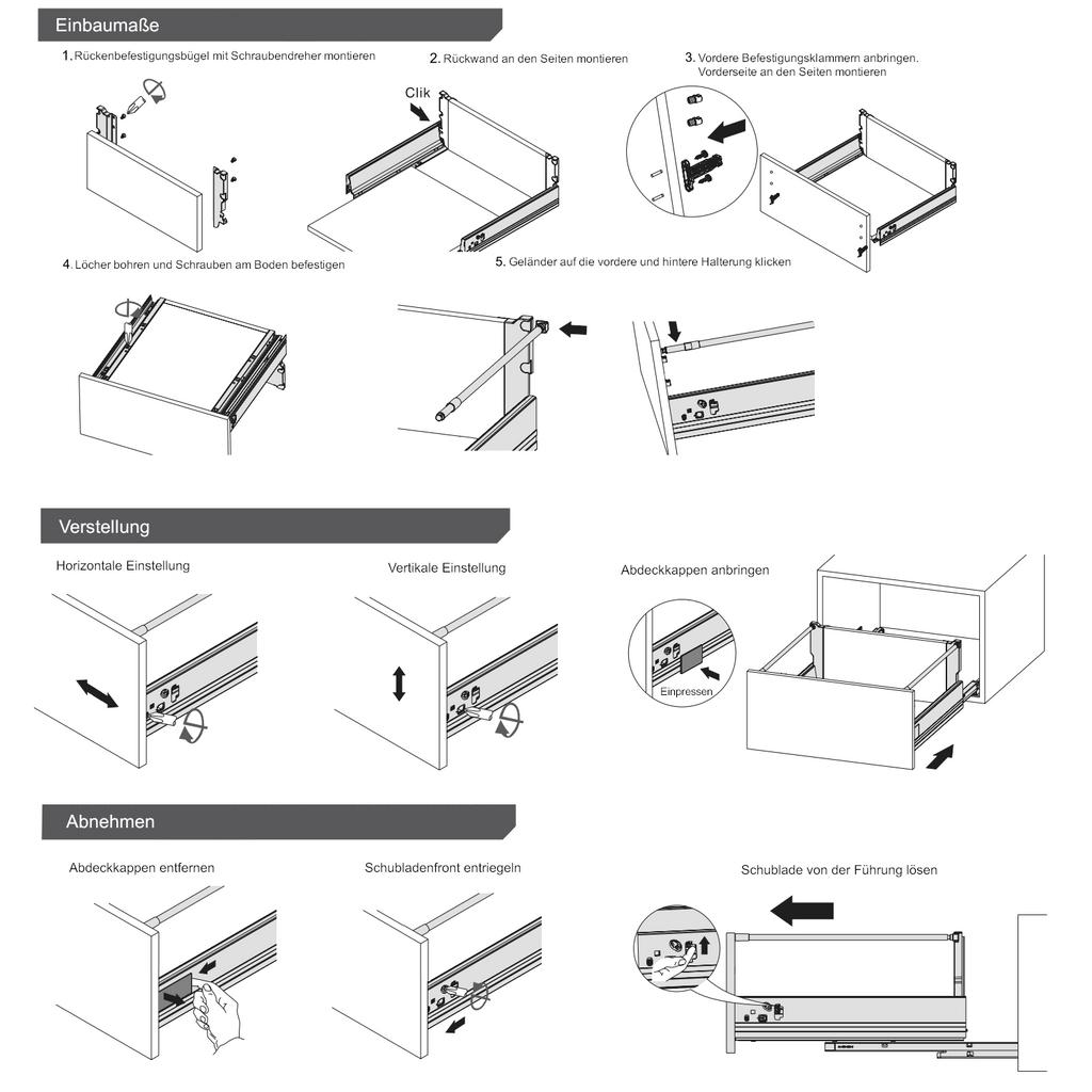 Soft-Close Schubladensystem, HOCH, H: 185mm, Weiß 270mm