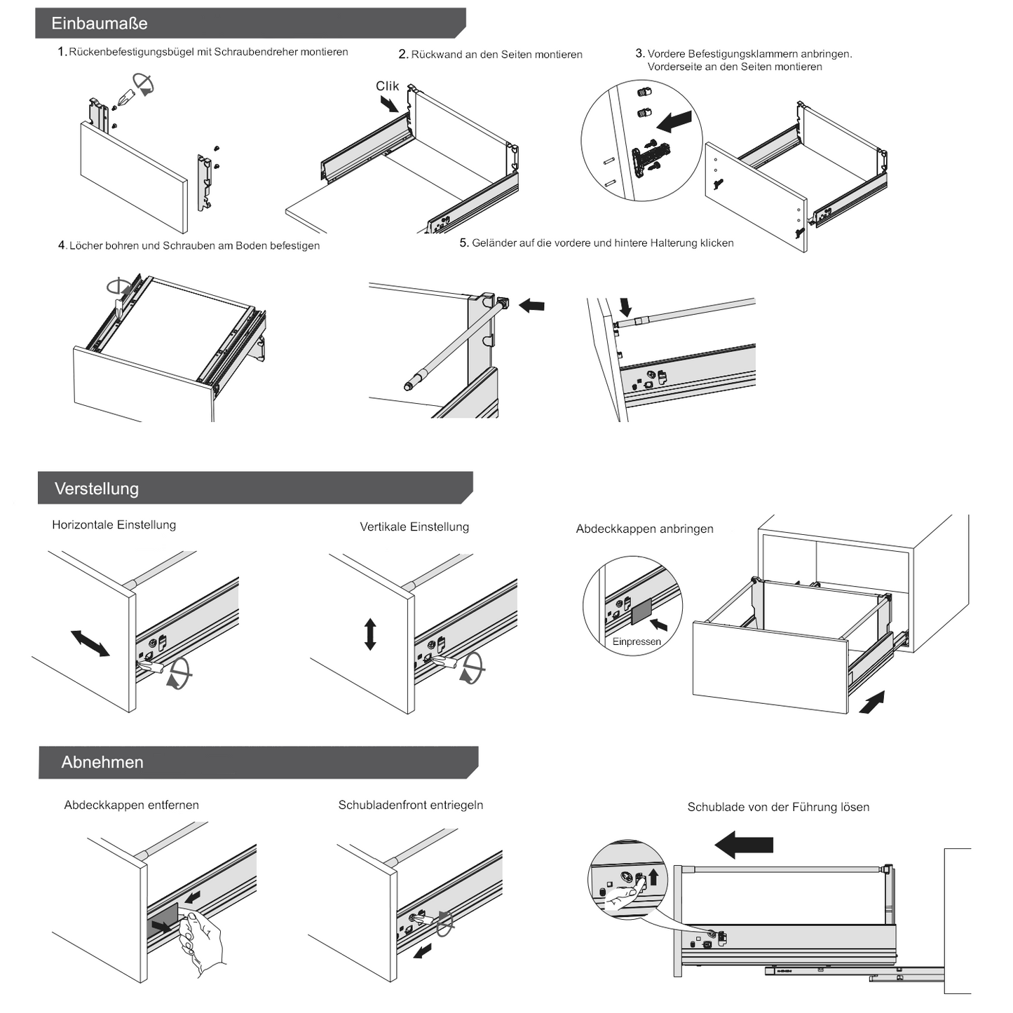 Soft-Close Schubladensystem, HOCH, H: 185mm, Weiß 300mm