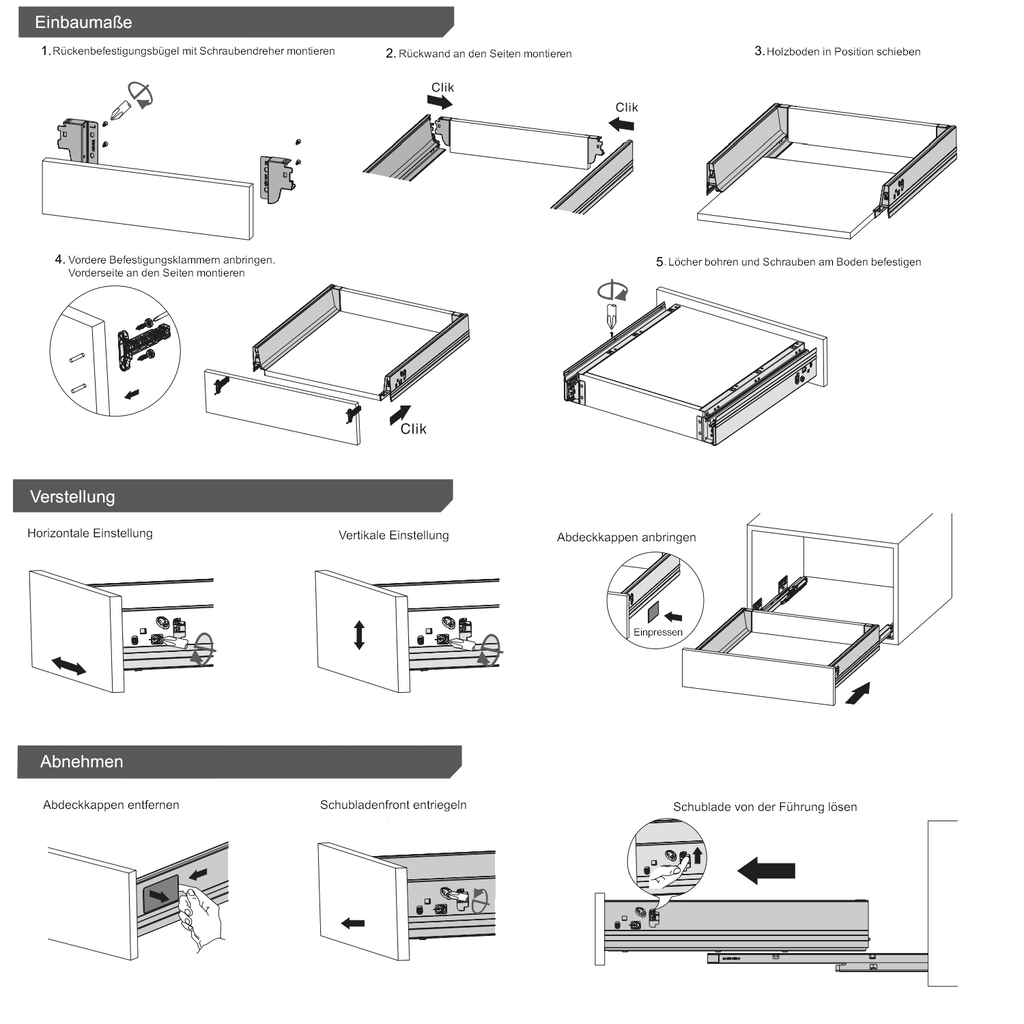 Soft-Close Schubladensystem, NIEDRIG, H: 68mm, Grau 400mm