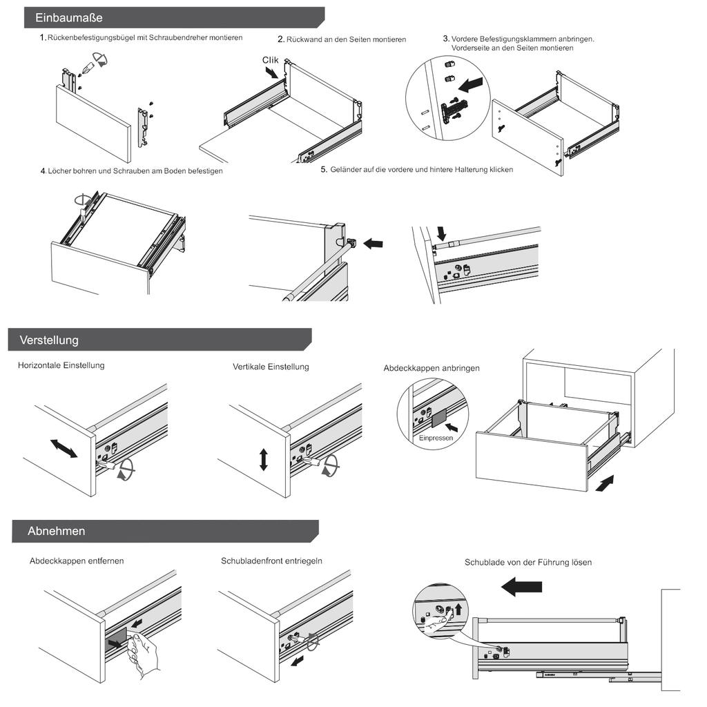 Soft-Close Schubladensystem, MITTEL, H: 142mm, Grau 450mm