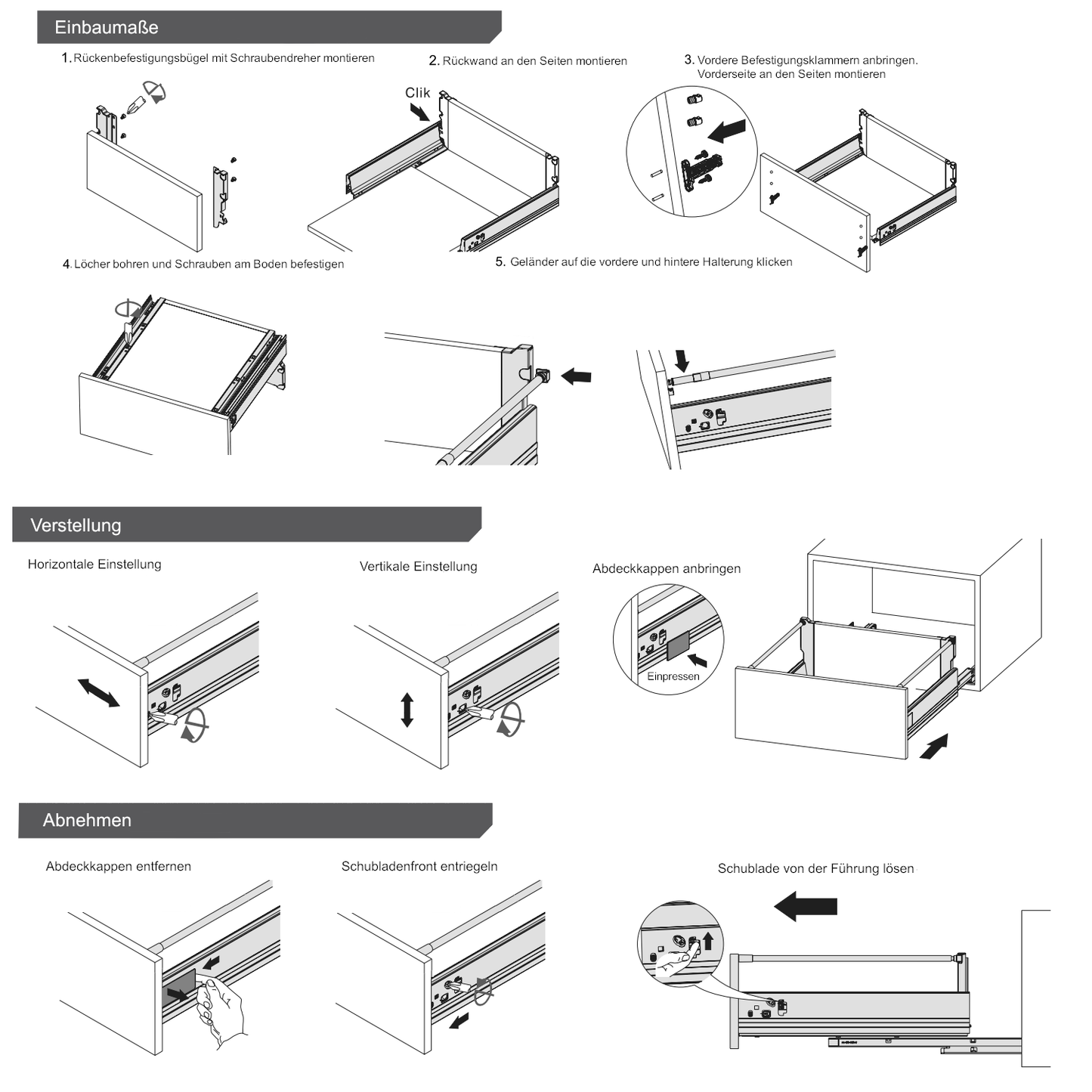 Soft-Close Schubladensystem, MITTEL, H: 142mm, Grau 350mm