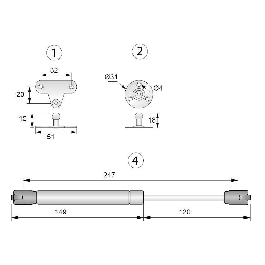 Gasdruckdämpfer Weiß 250mm - 60N - Furnica