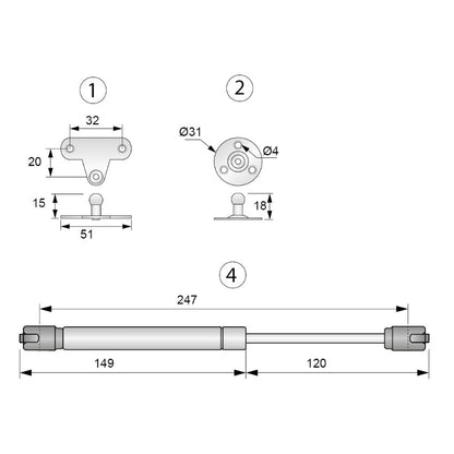 Gasdruckdämpfer Weiß 250mm - 80N Furnica 