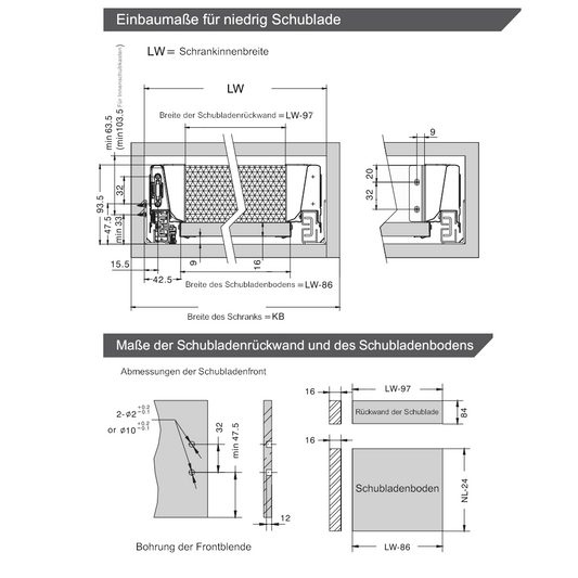 1 Satz Soft-Close Schubladensystem, NIEDRIG, H: 68mm, Grau