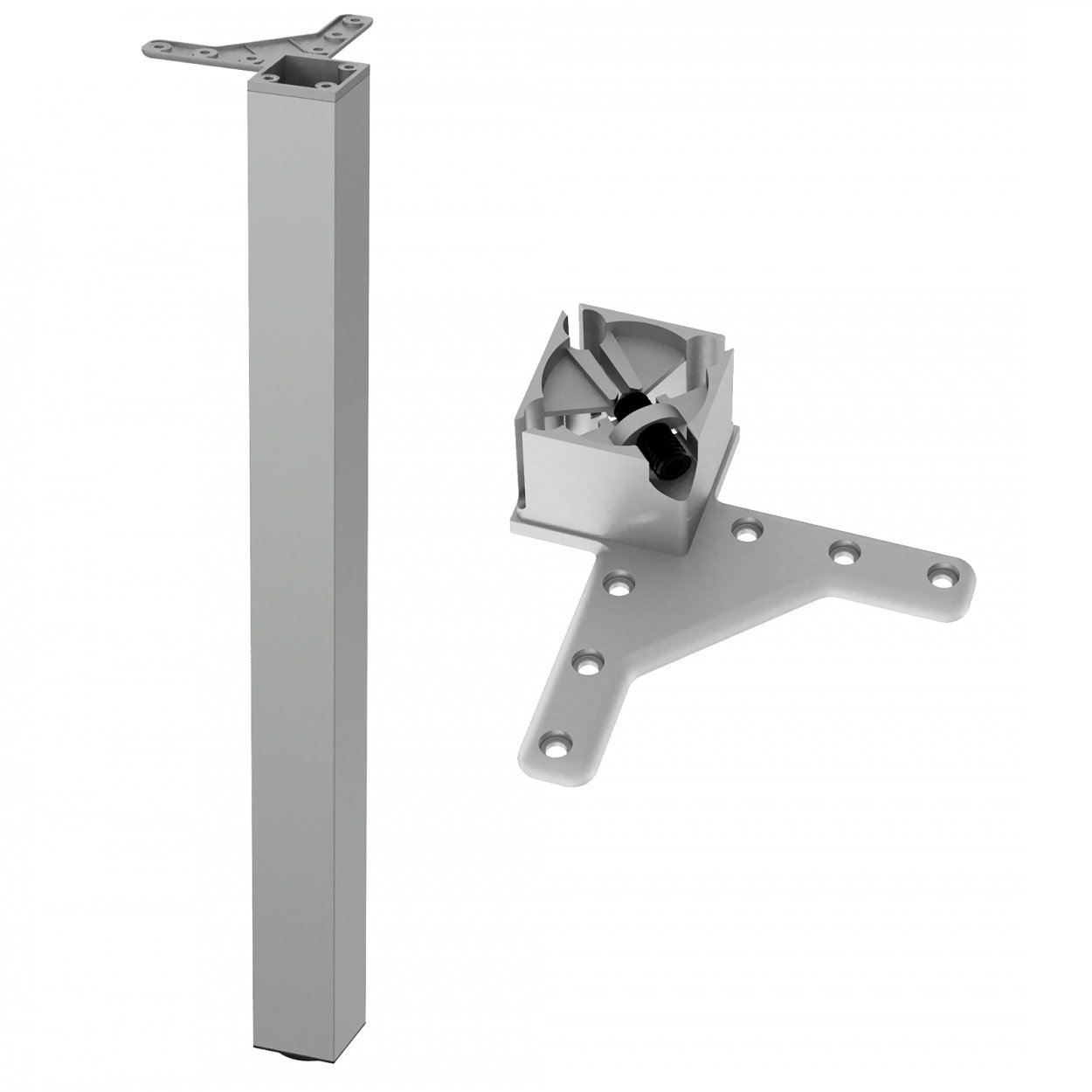 Quadratisches Tischbein 710mm, Aluminium, ZnAl Montageplatte Furnica 