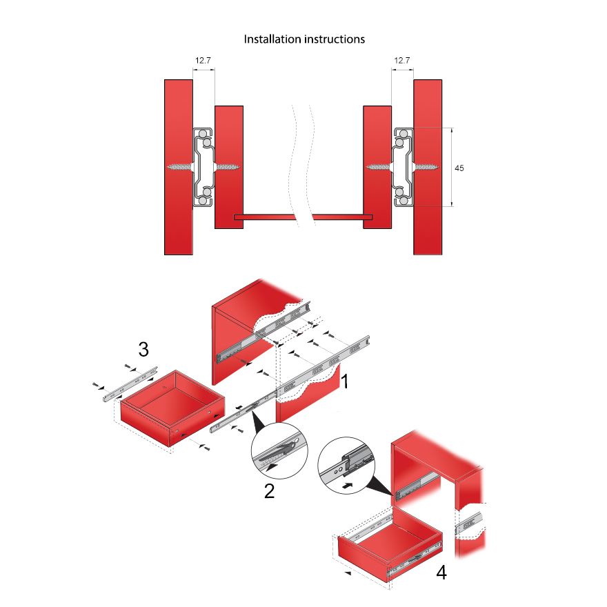 Schubladenschienen Push To Open 350 mm - H45 (1 Satz)