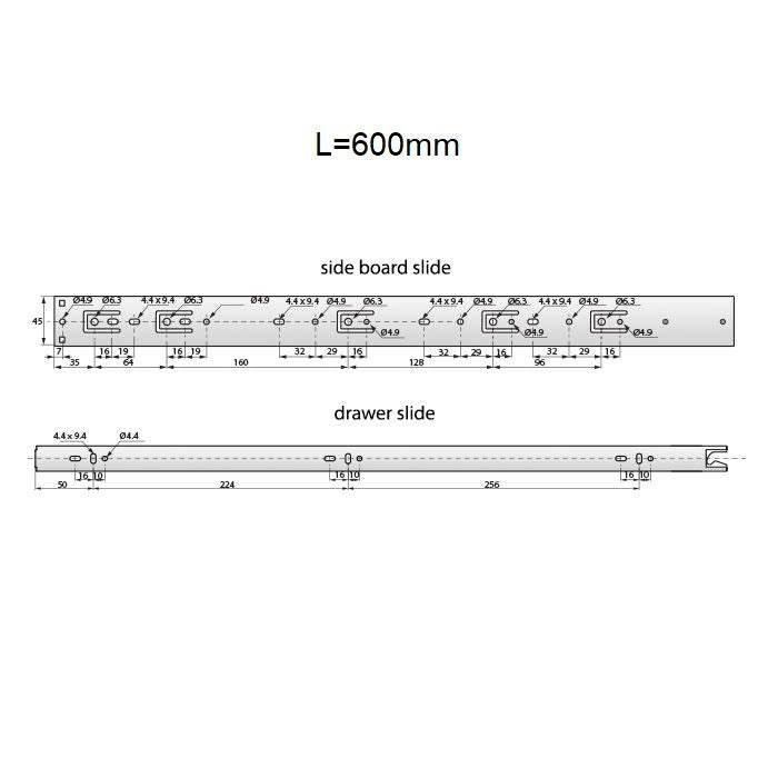 Schubladenschienen Push To Open 600 mm - H45 (1 Satz)