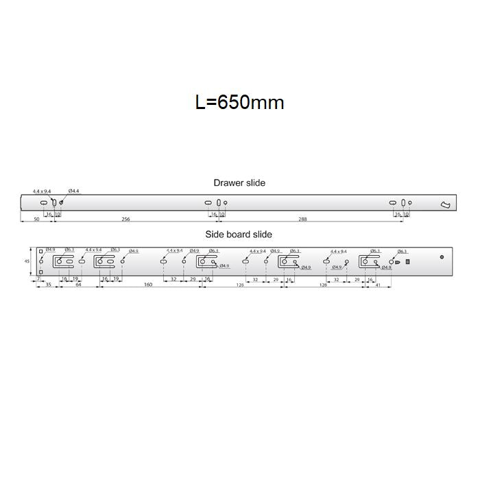 Schubladenschienen Push To Open 650 mm - H45 (1 Satz)