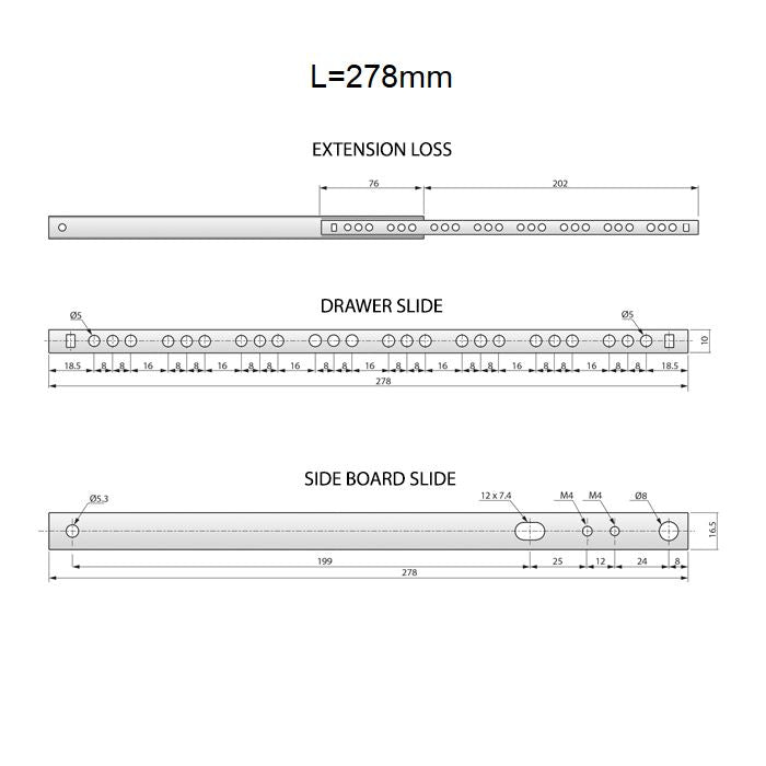 Schubladenschienen Teilauszug 278mm - H17 (1 Satz)