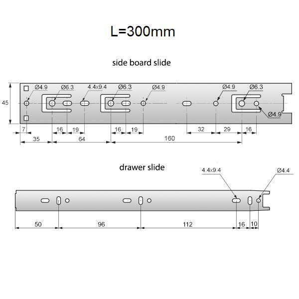 Schubladenschienen Vollauszug 300 mm - H45 (1 Satz)