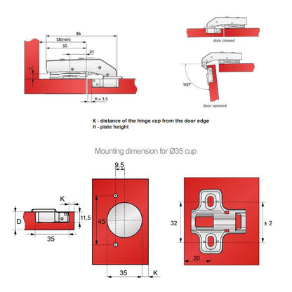 Soft-Close Topfband, H2 Montageplatte mit EURO Schrauben für Paralleltüren Gedämpft Furnica 